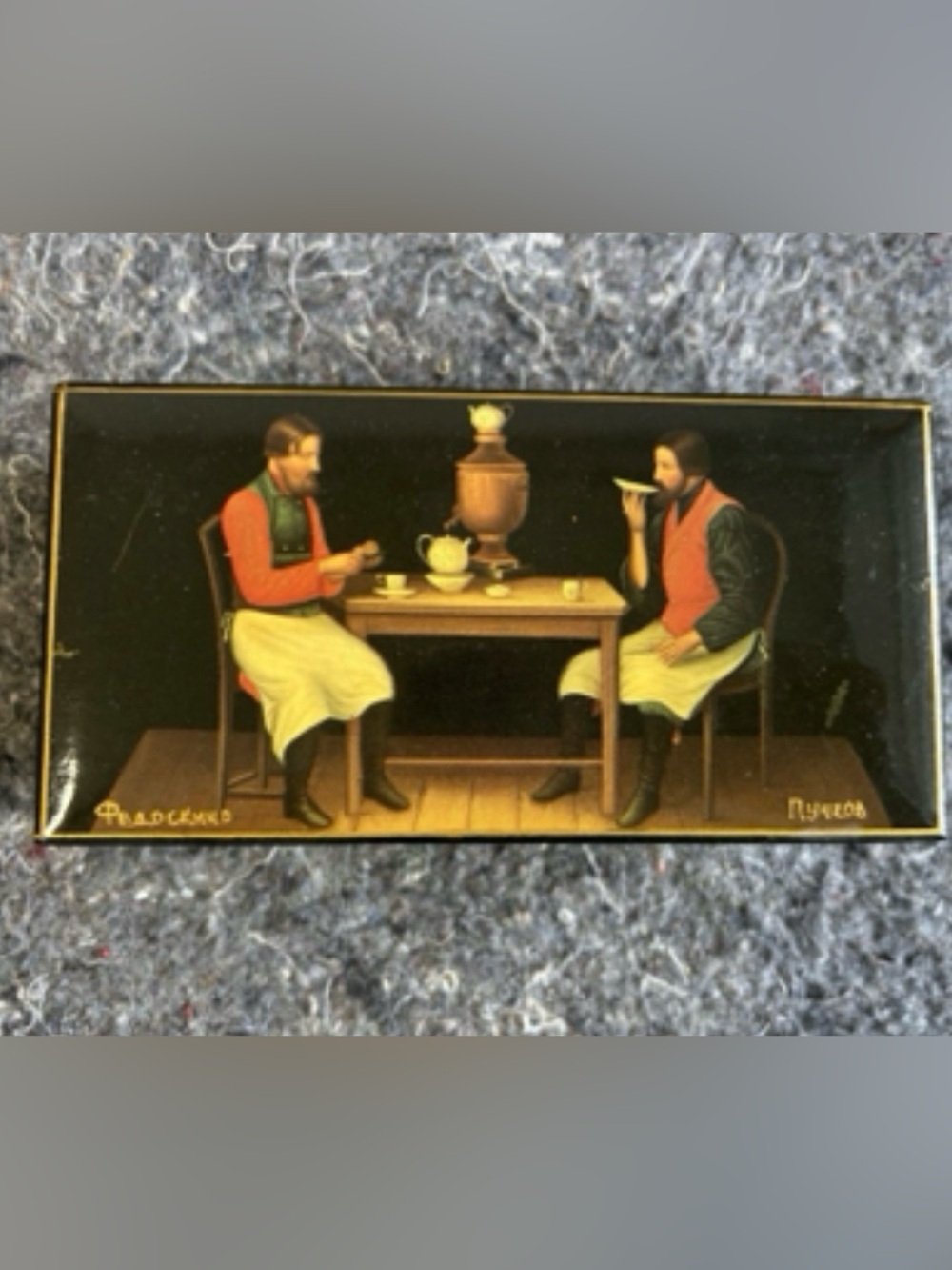 Authentic Vintage Fedoskino-Painted Tea Scene Lacquer Box
